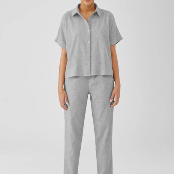 Eillen Fisher Black/Soft White Organic Cotton Linen Ticking Stripe Tapered Pant - Picture 2 of 6